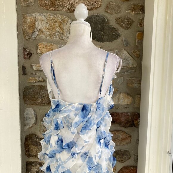 NWT BHLDN Anthropologie Jia Printed Bias-Cut Ruffled V-Neck Gown Blue $328 - Picture 8 of 12